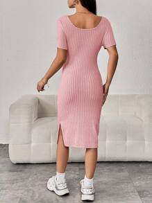 SHEIN Maternidad Vestido tejido de canalé bajo con abertura - Rosa Pálido - Ver 2