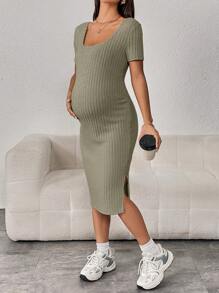 SHEIN Maternidad Vestido tejido de canalé de muslo con abertura - Verde - Ver 1