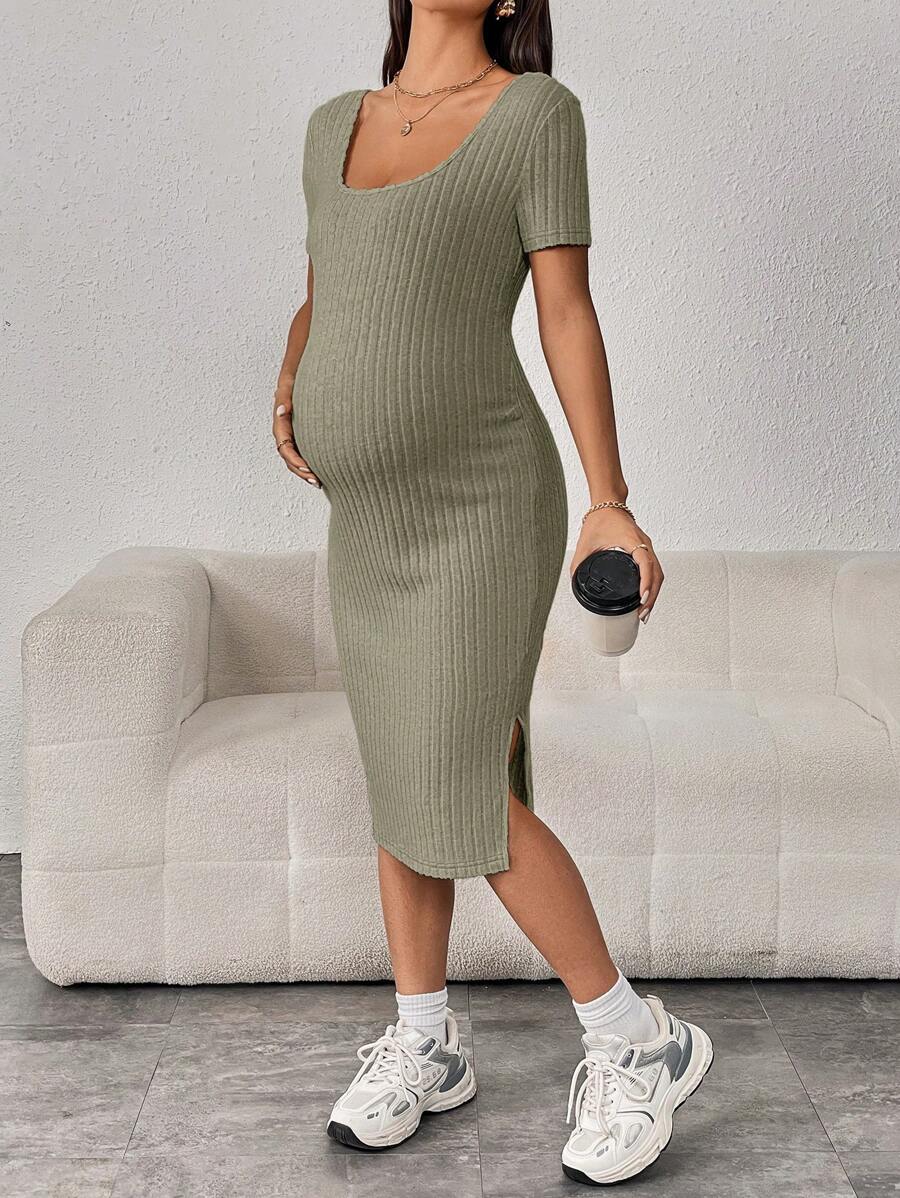SHEIN Maternidad Vestido tejido de canalé de muslo con abertura - Verde - Ver 1