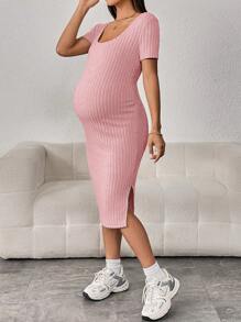 SHEIN Maternidad Vestido tejido de canalé bajo con abertura - Rosa Pálido - Ver 3