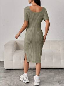 SHEIN Maternidad Vestido tejido de canalé de muslo con abertura - Verde - Ver 2