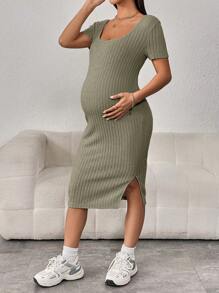 SHEIN Maternidad Vestido tejido de canalé de muslo con abertura - Verde - Ver 3