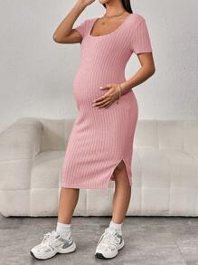 SHEIN Maternidad Vestido tejido de canalé bajo con abertura - Rosa Pálido - Ver 5