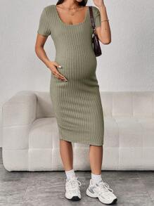 SHEIN Maternidad Vestido tejido de canalé de muslo con abertura - Verde - Ver 4