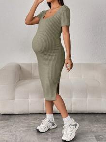 SHEIN Maternidad Vestido tejido de canalé de muslo con abertura - Verde - Ver 5