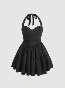 SHEIN MOD Solid Ruched Bust Ruffle Hem Halter Dress