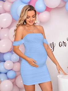 Loomaby 孕婦一字肩側收褶緊身連衣裙 - 淺藍色 - 查看 4