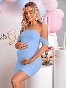 Loomaby 孕婦一字肩側收褶緊身連衣裙 - 淺藍色 - 查看 6