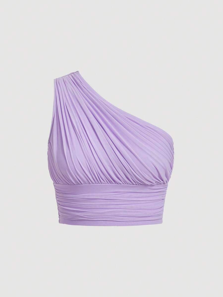 SHEIN MOD One Shoulder Ruched Crop Top - Lilac Purple - View 1