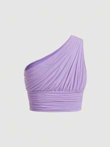 SHEIN MOD One Shoulder Ruched Crop Top - Lilac Purple - View 2