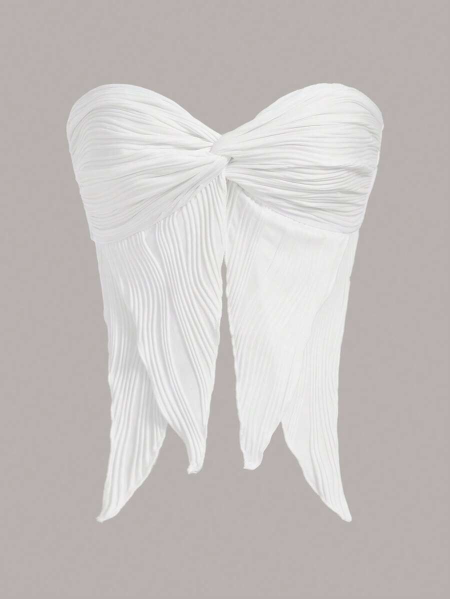 SHEIN ICON 前扭結不對稱下擺抹胸上衣 - 白色 - 查看 1