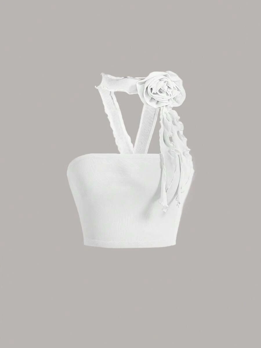 SHEIN MOD 立體花卉繞頸短上衣 - 白色 - 查看 1