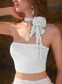 SHEIN MOD 立體花卉繞頸短上衣 - 白色 - 查看 2