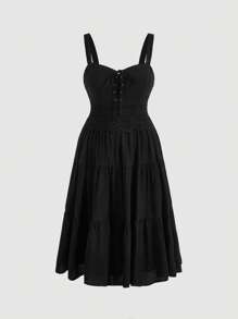 SHEIN MOD Hơn Lace lên phía trước Xù Hoa Sen Váy Dây - màu đen - Xem 1