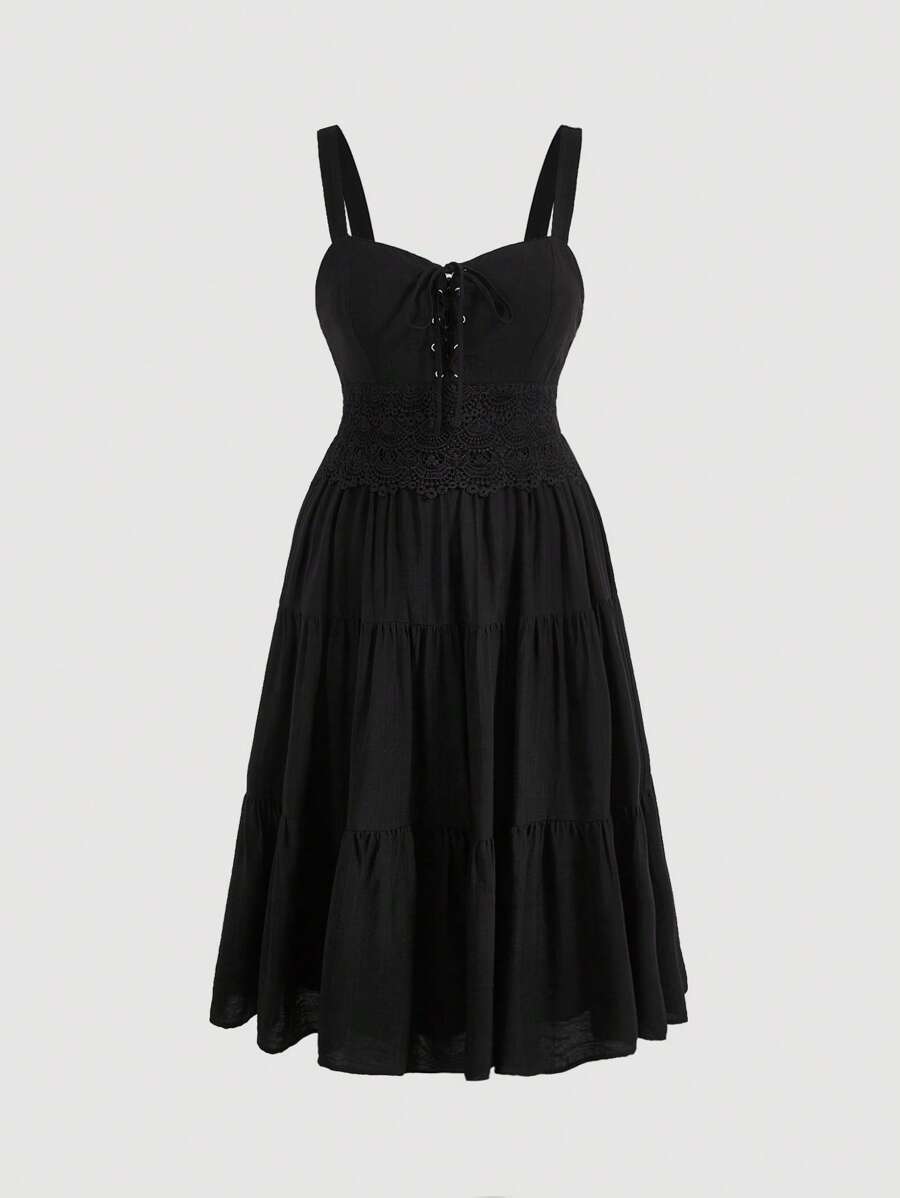 SHEIN MOD Hơn Lace lên phía trước Xù Hoa Sen Váy Dây - màu đen - Xem 1