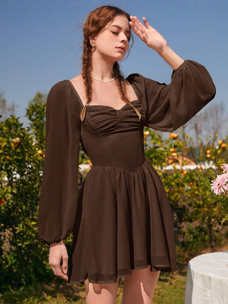 shein mod sweetheart neck lantern sleeve ruched bust dress SHEIN MOD Sweetheart Neck Lantern Sleeve Ruched Bust Dress