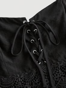 SHEIN MOD Hơn Lace lên phía trước Xù Hoa Sen Váy Dây - màu đen - Xem 4