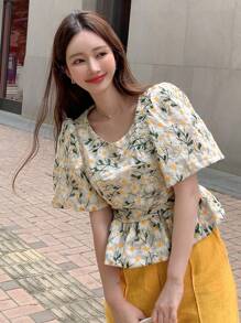 DAZY Floral Embroidery Puff Sleeve Peplum Blouse - Multicolor - View 1