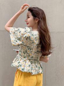 DAZY Floral Embroidery Puff Sleeve Peplum Blouse - Multicolor - View 2