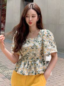 DAZY Floral Embroidery Puff Sleeve Peplum Blouse - Multicolor - View 3