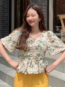 DAZY Floral Embroidery Puff Sleeve Peplum Blouse - Multicolor - View 4
