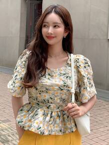 DAZY Floral Embroidery Puff Sleeve Peplum Blouse - Multicolor - View 5