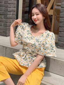 DAZY Floral Embroidery Puff Sleeve Peplum Blouse - Multicolor - View 6
