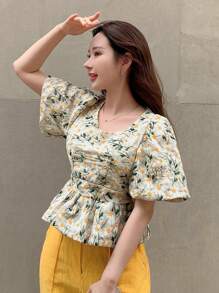 DAZY Floral Embroidery Puff Sleeve Peplum Blouse - Multicolor - View 7