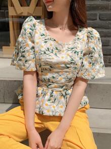 DAZY Floral Embroidery Puff Sleeve Peplum Blouse - Multicolor - View 8