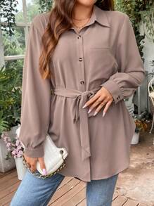 SHEIN Franclia 大碼補丁貼口袋腰帶襯衫 - 卡其色 - 查看 5