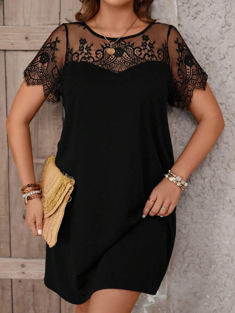 Plus Contrast Lace Scallop Trim Dress Vacation Outfits Women Holiday Outfits For Women Summer Holiday Outfits Summer Vacation Outfits Summer Outfits For Women Summer Clothes Summer Vacation Outfits Summer Outfits For Woman Summer Clothes Women Elegant Dresses For Women Elegant Dress For Women Elegant Dresses For Party Elegant Dress Women Lace Patchwork Dress
