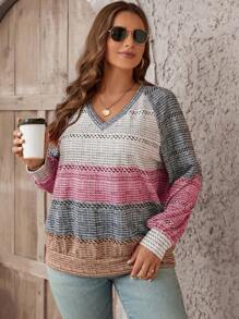 SHEIN LUNE Plus Colourblock Raglan Sleeve Sweatshirt - Multicolor - View 4