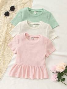 Niñas 3 piezas Camiseta tejida waffle bajo con fruncido - Multicolor - Ver 1