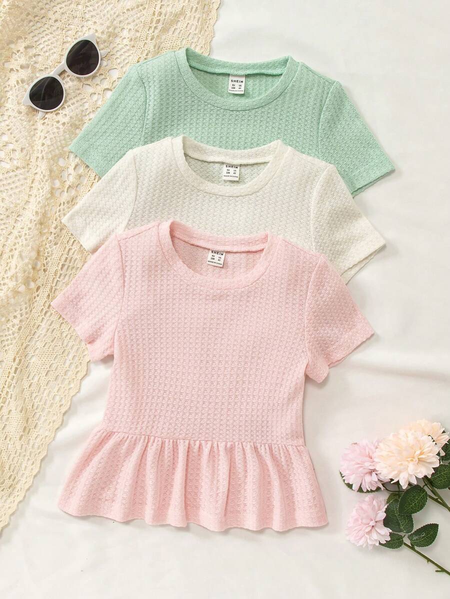 Niñas 3 piezas Camiseta tejida waffle bajo con fruncido - Multicolor - Ver 1