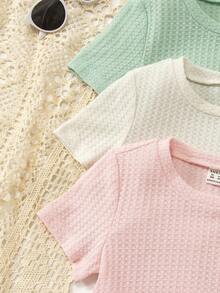 Niñas 3 piezas Camiseta tejida waffle bajo con fruncido - Multicolor - Ver 4