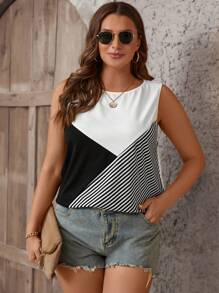 SHEIN LUNE Áo hai dây Plus Size Sọc Giải trí - Đen và trắng - Xem 5