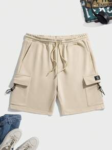 Manfinity RebelGame Men Letter Patched Detail Flap Pocket Side Drawstring Waist Cargo Shorts - Apricot - View 1