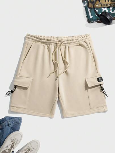 Guys Letter Patched Detail Flap Pocket Side Drawstring Waist Cargo Shorts