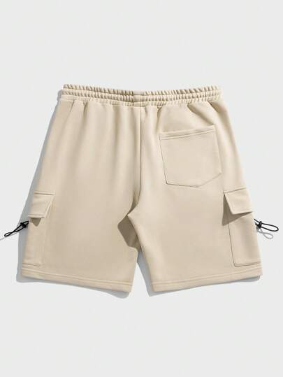 Guys Letter Patched Detail Flap Pocket Side Drawstring Waist Cargo Shorts