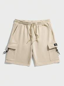 Manfinity RebelGame Men Letter Patched Detail Flap Pocket Side Drawstring Waist Cargo Shorts - Apricot - View 3