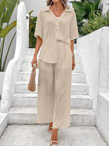 SHEIN LUNE Drop Shoulder Shirt & Wide Leg Pants - Apricot - View 1