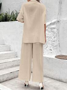 SHEIN LUNE Drop Shoulder Shirt & Wide Leg Pants - Apricot - View 2