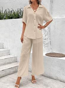 SHEIN LUNE Drop Shoulder Shirt & Wide Leg Pants - Apricot - View 4