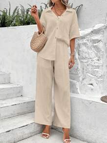 SHEIN LUNE Drop Shoulder Shirt & Wide Leg Pants - Apricot - View 5
