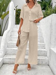 SHEIN LUNE Drop Shoulder Shirt & Wide Leg Pants - Apricot - View 6