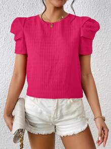 SHEIN Privé Solid Puff Sleeve Blouse - Hot Pink - View 4