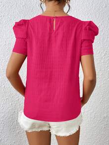 SHEIN Privé Solid Puff Sleeve Blouse - Hot Pink - View 2