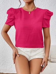 SHEIN Privé Solid Puff Sleeve Blouse - Hot Pink - View 6