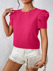 SHEIN Privé Solid Puff Sleeve Blouse - Hot Pink - View 5
