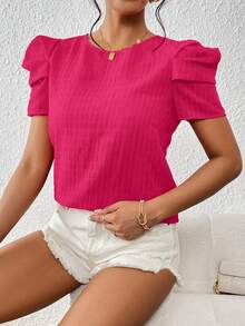 SHEIN Privé Solid Puff Sleeve Blouse - Hot Pink - View 3